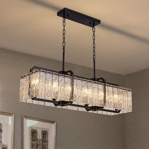 Siljoy RectangleCrystal Chandelier, 39.3 Inch 6 Lights Water Ripple Glass Pendant Light Fixture for Dining Room Kitchen Island Living Room - 1 of 4