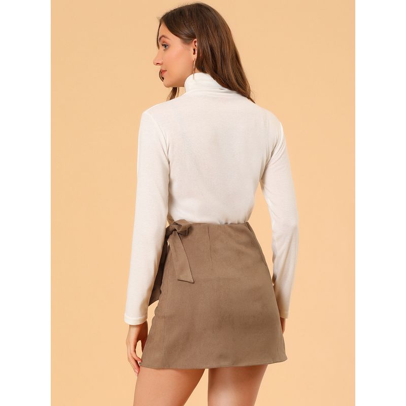 Allegra K Women's Faux Suede Tie Waisted Side Zipper A-Line Wrap Mini Short Skirt, 5 of 7