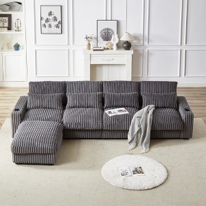 126" Corduroy L-Shaped Sectional Sofa with Cup Holders, USB & Type-C Ports, 4 Pillows, Movable Footrest, Oversized Couch for Living Room - 1 of 4