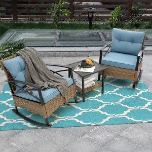 3pcs Outdoor Rattan Chat Furniture Set,  Patio Garden Seating Group Conversation Set with Rocking Chairs and Table -ModernLuxe - 1 of 4