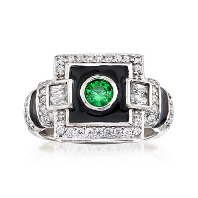 Ross-Simons 0.23 Carat Simulated Emerald and .65 ct. t.w. CZ Art Deco Ring With Black Enamel in Sterling Silver