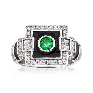 Ross-Simons 0.23 Carat Simulated Emerald and .65 ct. t.w. CZ Art Deco Ring With Black Enamel in Sterling Silver - 1 of 4