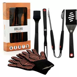 Yukon Glory Signature Edition 5 Piece Grilling Tools Set, Matte-Black Durable Stainless Steel BBQ Accessories, Includes Set of BBQ Gloves