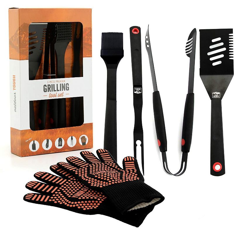 Yukon Glory Signature Edition 5 Piece Grilling Tools Set, Matte-Black Durable Stainless Steel BBQ Accessories, Includes Set of BBQ Gloves, 1 of 7