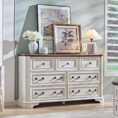 54" Antique White and Brown Farmhouse 7-Drawer Dresser