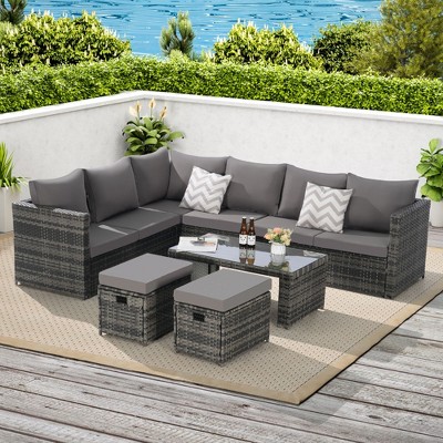 6-Piece All-Weather Outdoor Patio Furniture Set - Wicker Rattan Sofa Conversation Group with Glass Table, Cushions, and Pillows