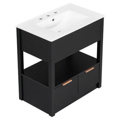 30" Bathroom Vanity with Sink Top, Bathroom Cabinet with Open Storage Shelf and Two Drawers