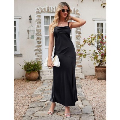 Women's Sleeveless Spaghetti Strap Satin Dress Backless Bodycon Sexy Cocktail Beach Evening Party Club Midi Dresses