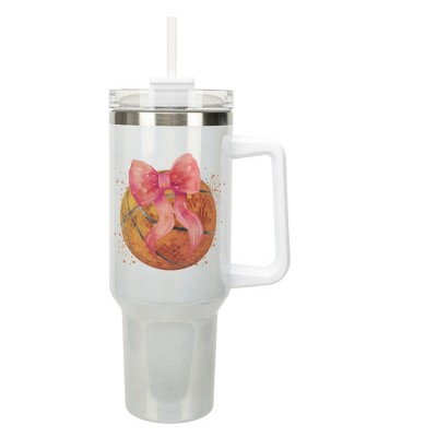 Elanze Designs Yay Team! Basketball & Bow Paint Splatter Coquette 40 Oz. Stainless Steel Water Bottle Coffee Mug, Spill & Leak Resistant, Travel