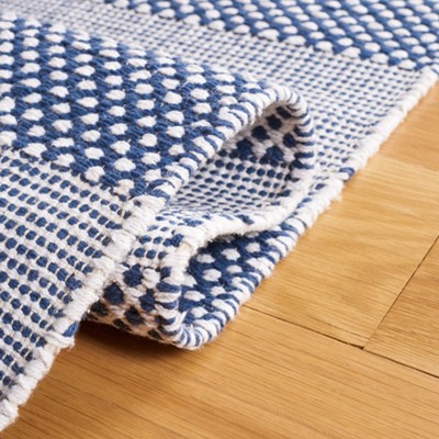 Ivory and Blue Striped 4' x 6' Wool Cotton Area Rug