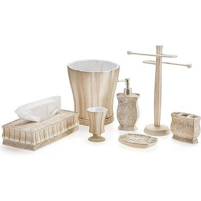 Beige Scroll Pattern Resin Bathroom Accessories Set