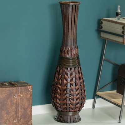 Antique Fluted Metallic Brown Bamboo Floor Vase with Aged Finish