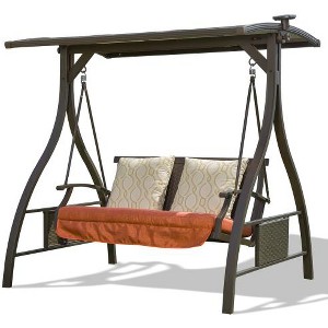 XIYUYEU Patio Porch Swing, 2 Person Outdoor Porch Swing with Adjustable Canopy, Hammock Swing Glider with Solar LED Light and 2 Cushions - 1 of 4