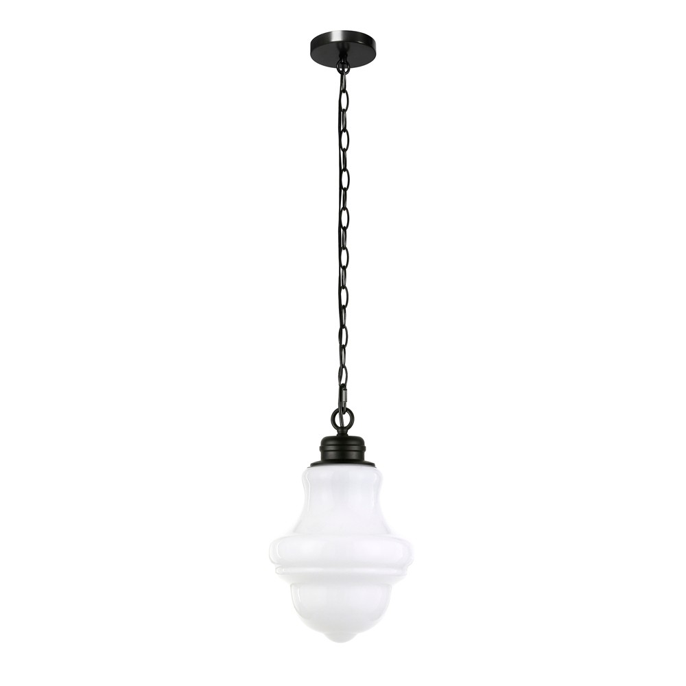 Hudson and Canal 9.13" Wide Pendant with Glass Shade Blackened Bronze/White Milk: Modern Island Lighting Fixture, UL Listed