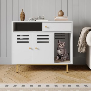 Cat Litter Box Enclosure - Hidden Litter box Furniture with 2 compartments, Scratching Mat, Double-Door Storage Cabinet - 1 of 4