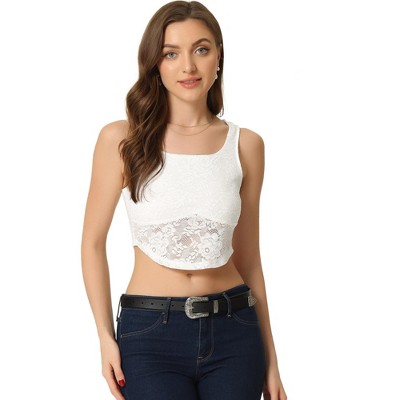 Allegra K Women's Women's Sleeveless Semi-Sheer Floral Lace Crop Tank Tops