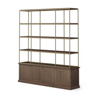 HomeRoots 82" Antiqued Brass And Brown Distressed Metal and Solid Wood Four Tier Bookcase with Four Doors