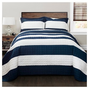 Stripe Quilt 3 Piece Set (Full/Queen) Navy/White - Lush Décor, Blue