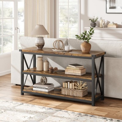 Whizmax Industrial Console Table for Entryway, 47.2" Narrow Entryway Table with Storage, 3 Tier Wood Sofa Table for Living Room, Hallway, ,Entryway