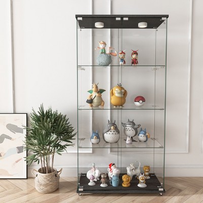 Modern Glass Display Cabinet with Glass Doors & LED Lights, 2-Door Showcase with Tempered Glass Shelves for Living Room-Cuddlewood
