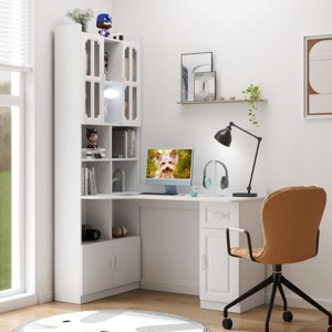 INFURNIC Decorative Bookshelf L Shaped Corner Desk with Drawers Storage and Hutch Large Working Space for Home Office, White, 55.12"*31.5"*76.77" - 1 of 4