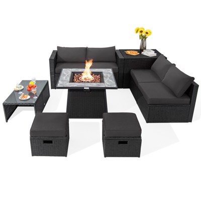 Tangkula 9 Pieces Outdoor PE Rattan Wicker Sectional Sofa with 35" Gas Fire Pit Table Space-Saving Patio Conversation Set with Storage Box Black/Grey/Navy/Red/Turquoise/Off White