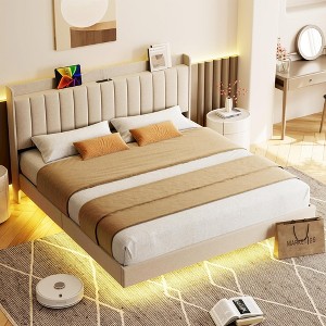 Floating Bed Frame with LED Lights, Upholstered Platform Bed Frame - 1 of 4