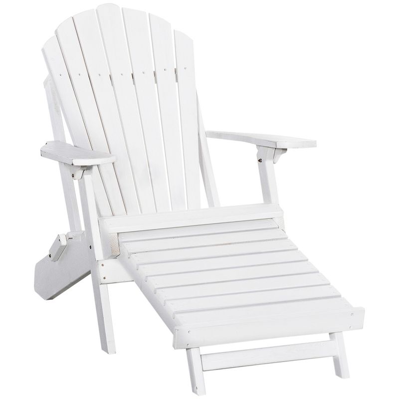 Outsunny Folding Adirondack Chair with Pull Out Ottoman, Outdoor Fir Wood Fire Pit Chair with Footrest, Porch Fanback Lounge for Patio, Garden, White, 1 of 7