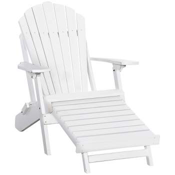 Outsunny Folding Adirondack Chair with Pull Out Ottoman, Outdoor Fir Wood Fire Pit Chair with Footrest, Porch Fanback Lounge for Patio, Garden, White