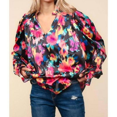 Women's Satin Floral Bubble Sleeve Blouse - Haptics