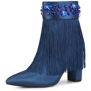 Perphy Women's Zip-up Pointed Toe Fringe Crystal Block Heel Ankle Boots - 1 of 3