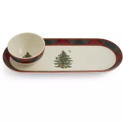 Spode Christmas Tree Tartan 2 Piece Chip and Dip - Platter: 13 x 5 Inch/Dip Bowl: 3.75 Inch