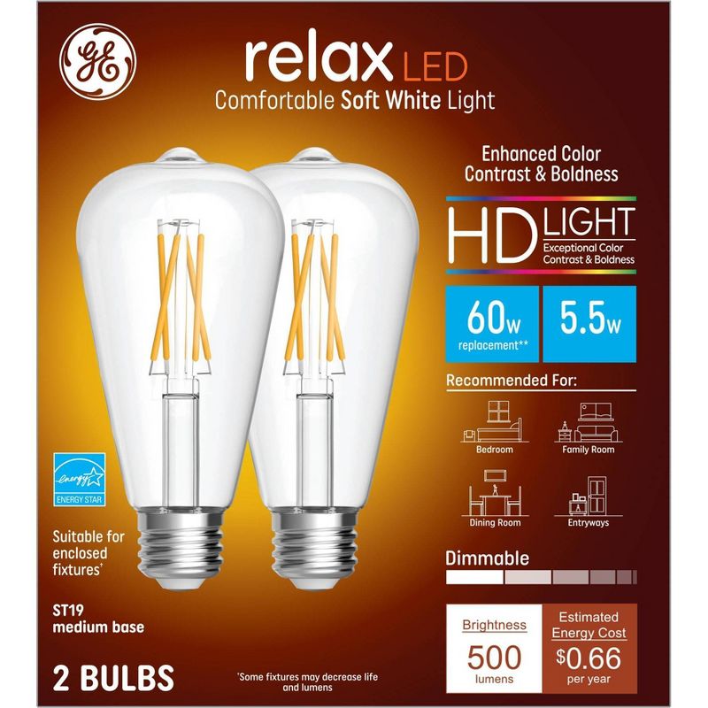 GE 2pk 5.5W 60W Equivalent Relax HD LED Light Bulbs Soft White, 1 of 5