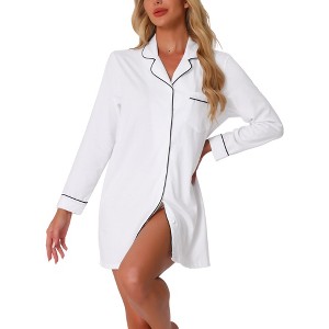 cheibear Women's Long Sleeve Notched Lapel Button Down Lounge Nightshirt - 1 of 4