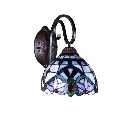 Victorian Tiffany-Style Bronze 1-Light Wall Sconce with Stained Glass Shade