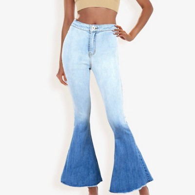 Anna-Kaci Classic Retro High Waist Long Denim Frayed Hem Bell Bottom Jeans