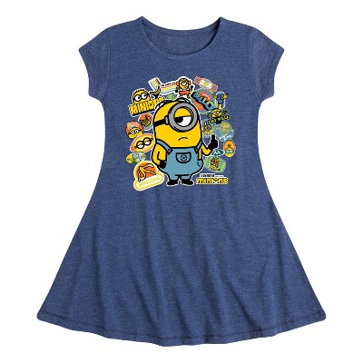 Girls' Despicable Me Minions Minion & Banana Stickers Fit & Flair Cap Sleeve Dress - Heather Navy - Small