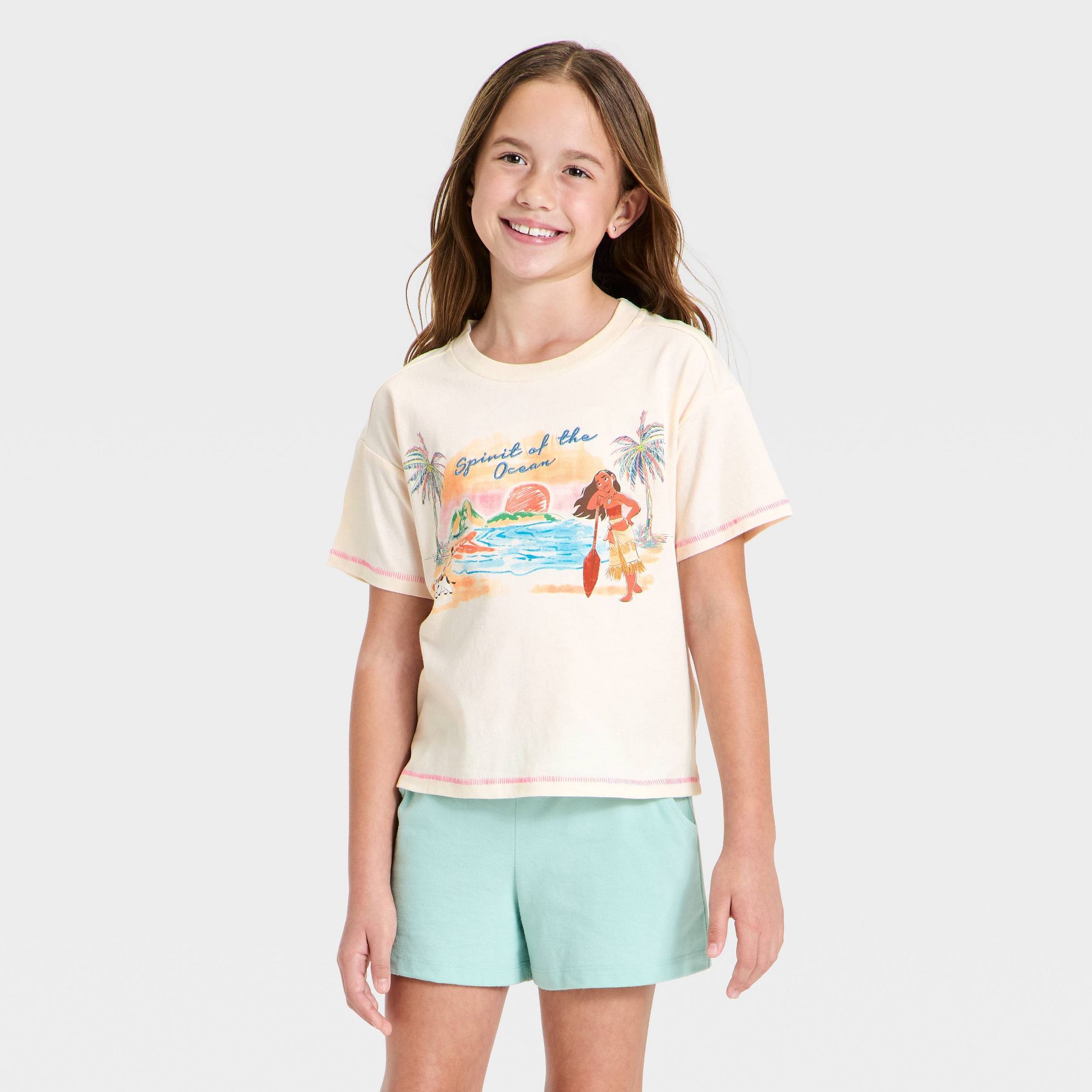 Girls' Disney Moana "Spirit of the Ocean" Boxy Short Sleeve Graphic T-Shirt - Off-White XS