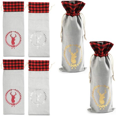 Juvale 6-Pack Drawstring Wine Bottle Gift Bags with Christmas Reindeer for Holiday Gifs, 13.5 In