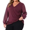 Agnes Orinda Women's Plus Size Criss Cross Wrap Ruched Bishop Lace V Neck Sheer Long Sleeve Elegant Blouse - 2 of 4