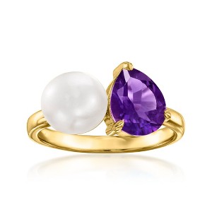 Ross-Simons 7-7.5mm Cultured Pearl and 1.80 Carat Amethyst Toi Et Moi Ring in 18kt Gold Over Sterling - 1 of 4