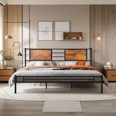 VECELO Full/Queen/King Size Bed Frame with Wooden Headboard, Metal Bed Platform No Box Spring Needed with Heavy Duty Steel Slat, Brown