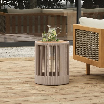 Outdoor Round Side Table, Patio Accent Table with Rattan Rope Frame and Acacia Wood Top for Balcony, Garden or Porch – Cuddlewood
