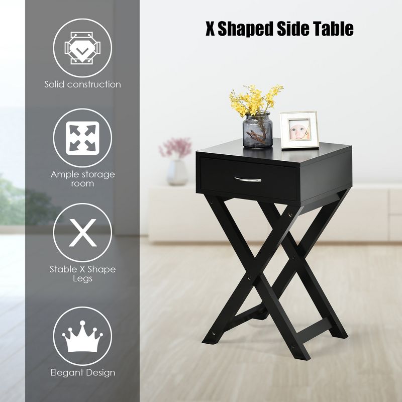 Costway 2PCS Nightstand x-Shape Drawer Accent Side End Table Modern Home Furniture Black, 5 of 11