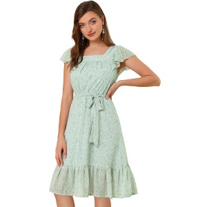 Allegra K Women's Floral Chiffon Flutter Sleeve Belted Square Neck Ruffled Hem Dress - 1 of 4