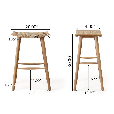 Light Brown Acacia Wood and Wicker Outdoor Bar Stools, Set of 4