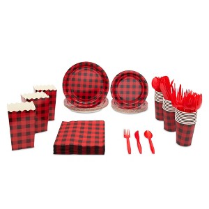 Blue Panda 192 Piece Red Buffalo Plaid Dinnerware Set for Lumberjack Party Supplies (Serves 24) - 1 of 4