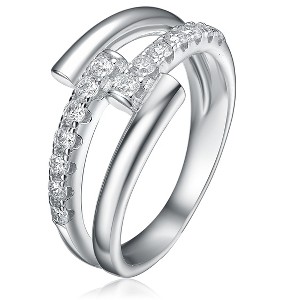 Guili Elegant Rhodium-Plated Sterling Silver Criss-Cross Sparkling Arc Ring with Cubic Zirconia for a Chic and Timeless Design, Size 6, 7, or 8. - 1 of 3
