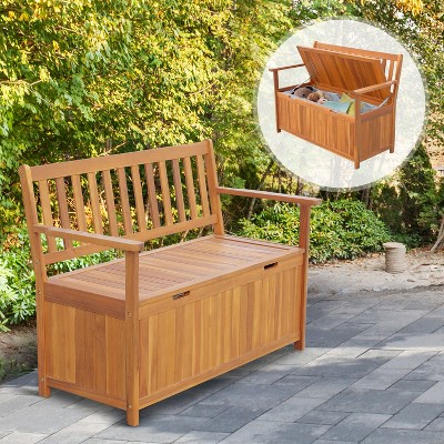 Outsunny 47 x 24 Double Seat Wooden Storage Bench Outdoor Acacia Wood Multifunction Courtyard Armchair Garden Chair Patio Armrest Bench Large Capacity Storage Box for Indoor Outdoor