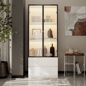 ATJafurn 23.6'' White China Cabinet Lighted Dining Cabinet Display Cabinet With Glass Doors and Drawers and LED Light For Living Room Dining Room - 1 of 4